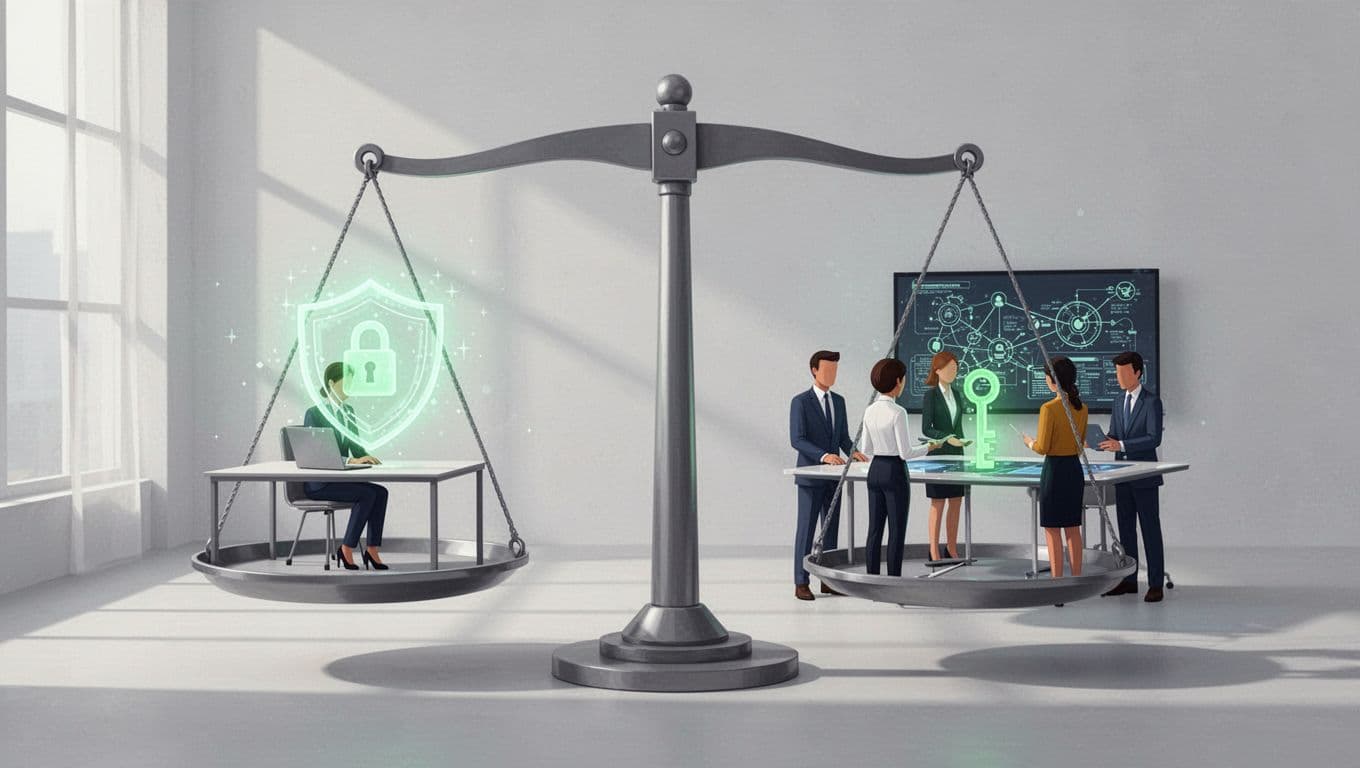 Modern illustration showing a balanced scale with one cybersecurity consultant on the left pan and a team of four diverse professionals on the right, highlighting resource comparison.