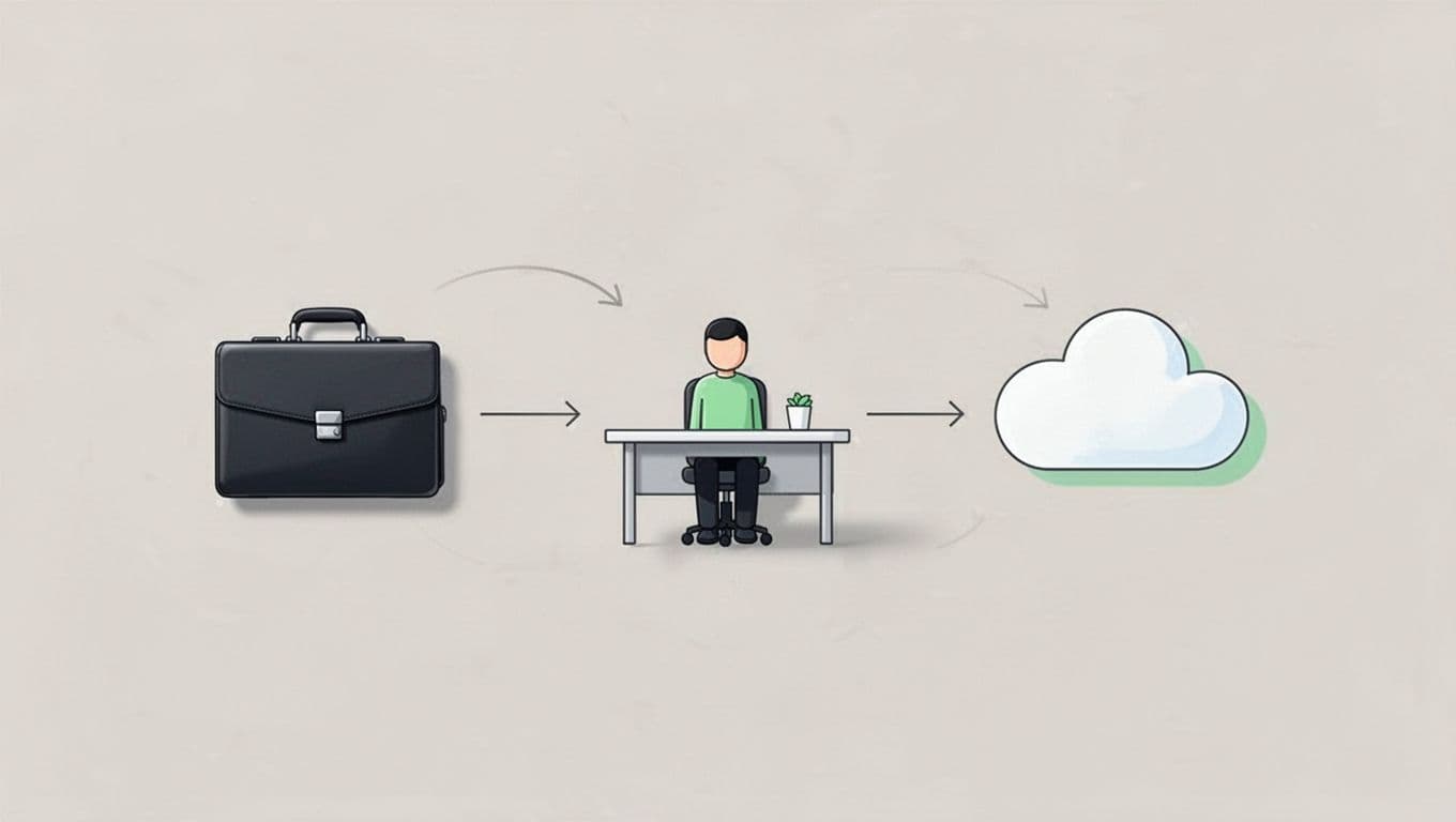 Modern illustration of icons comparing cybersecurity options: consultant briefcase, full-time employee at desk, MSP cloud service, connected by arrows in a simple layout on neutral background with green accents.