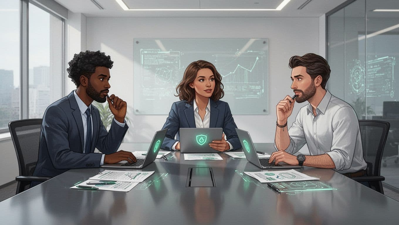 Modern illustration of three diverse cybersecurity consultants in a team meeting around a table with laptops and notes, using soft professional lighting, clean lines, and green highlights on discussion elements.