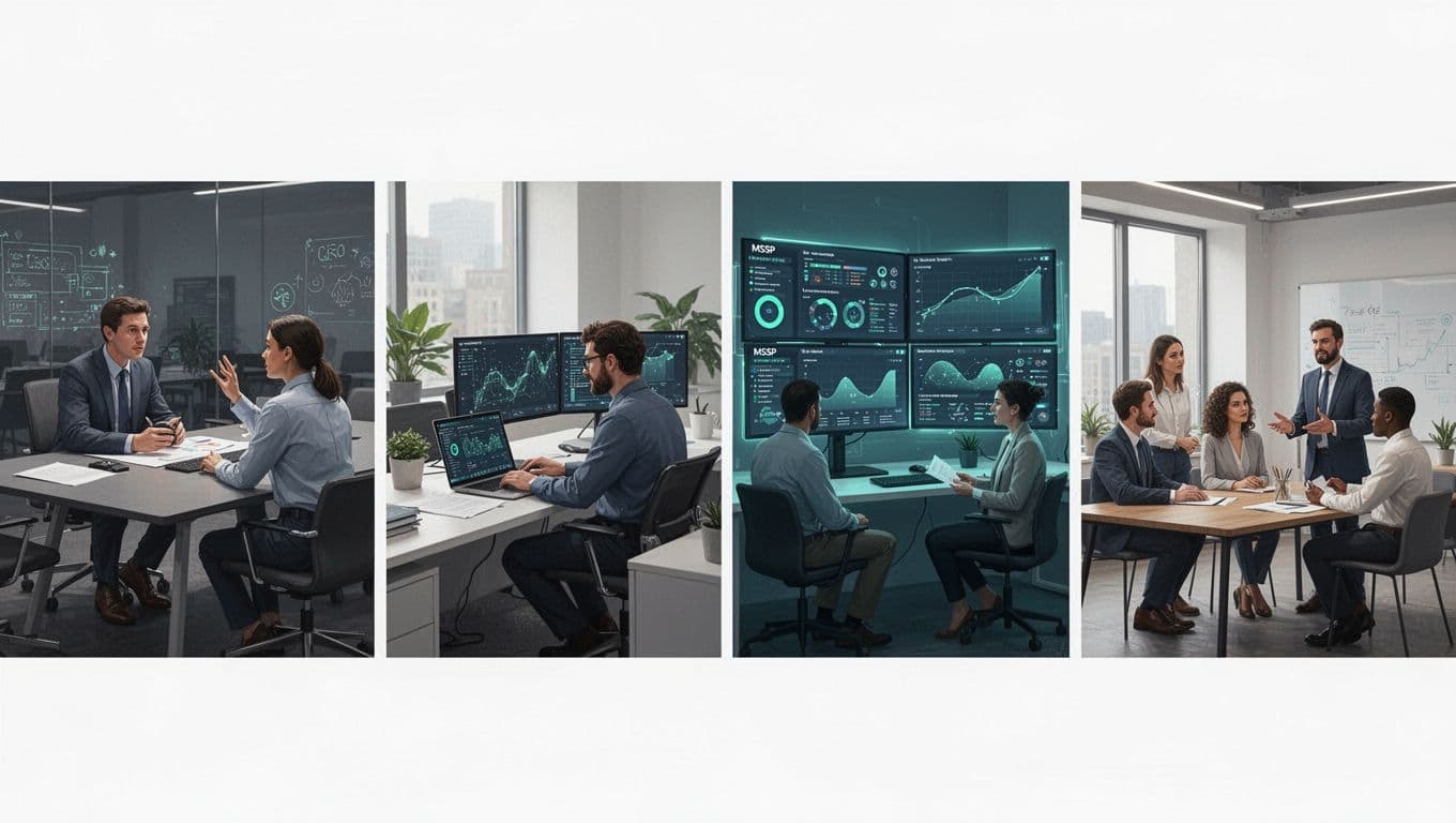Modern side-by-side illustration of four cybersecurity professionals in distinct roles: vCISO strategizing in a boardroom, penetration tester scanning vulnerabilities at a desk, MSSP analyst monitoring security dashboards, and general consultant advising a small team.
