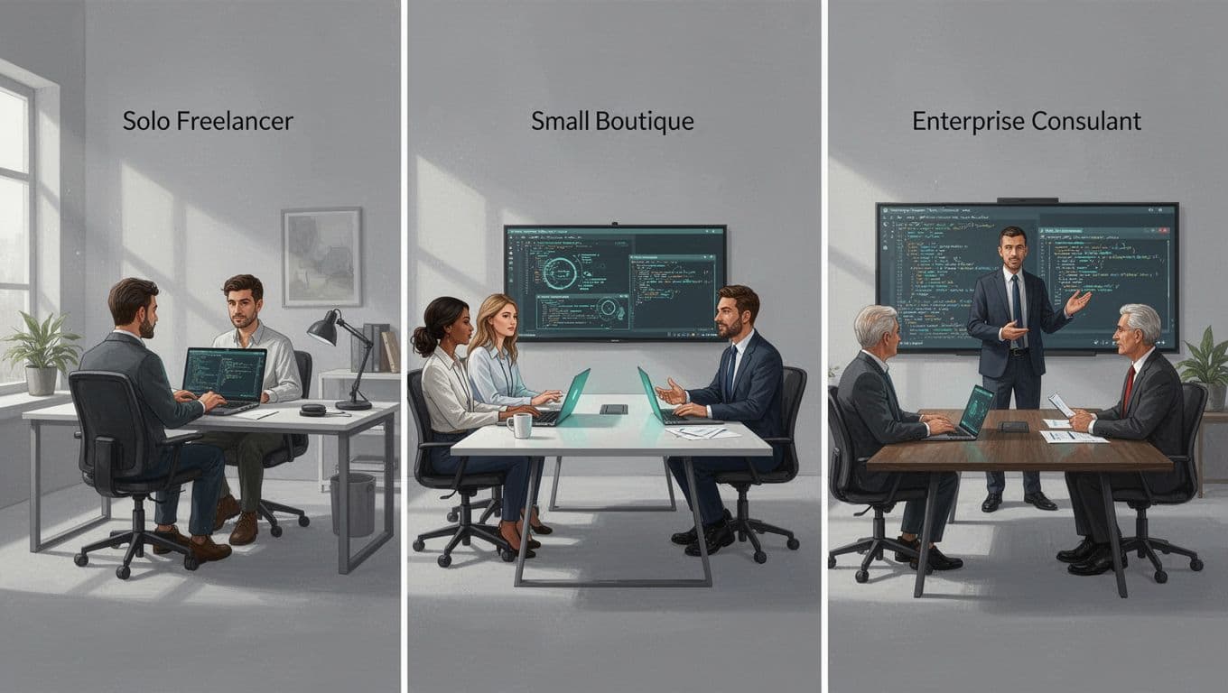 Modern illustration depicting cybersecurity consultants in three side-by-side scenes: solo freelancer at home office, boutique team in conference room, and enterprise consultant presenting to executives. Clean design with green accents on tech, neutral background, for rate comparison.