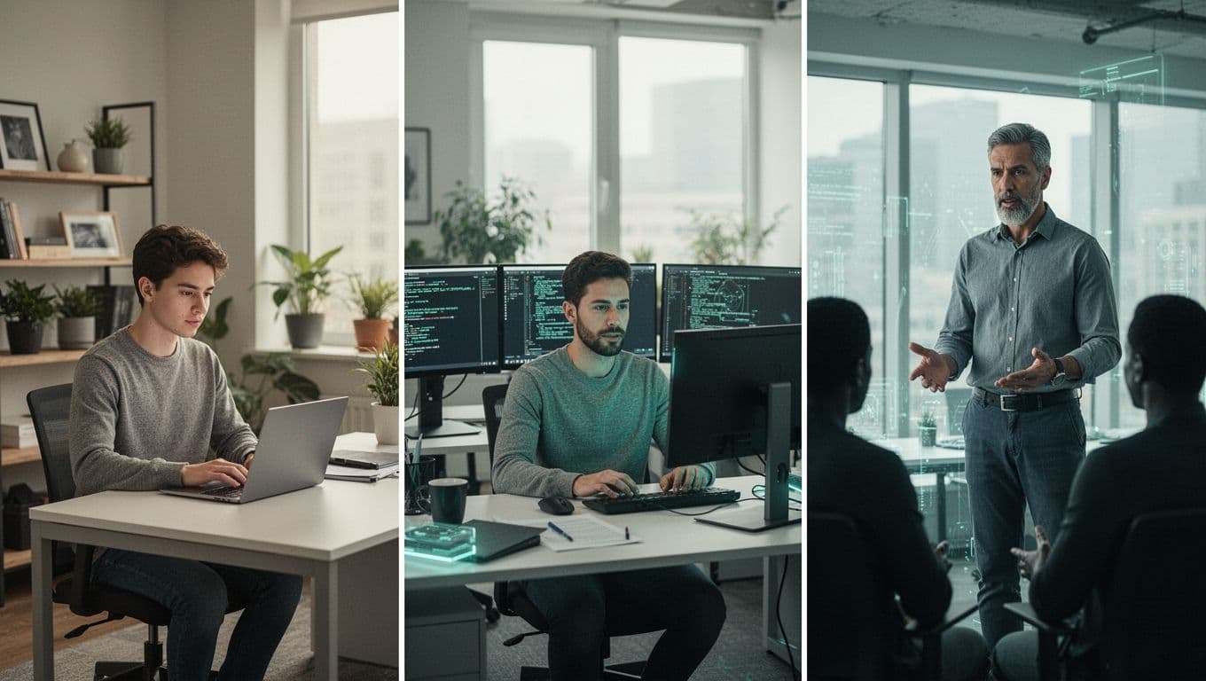 Modern illustration in clean shapes showing three cybersecurity consultants: junior with laptop in home office (left), mid-level with dual monitors in corporate space (center), senior leading a meeting (right). Soft lighting with green accents on screens and tools, landscape composition.
