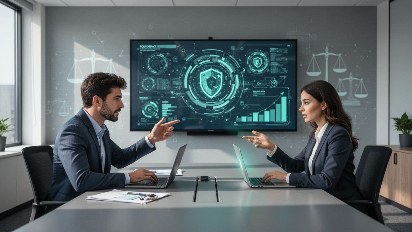 Modern illustration of two cybersecurity professionals, one male and one female, collaborating in a conference room with laptops and a security dashboard, featuring subtle law firm symbols.