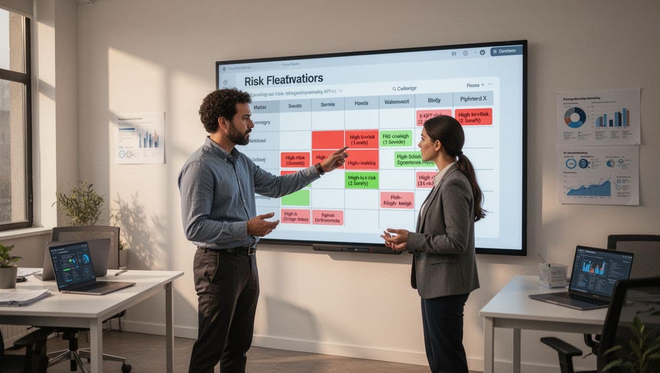 Modern illustration of two cybersecurity consultants in a professional office, focused on a risk matrix chart displayed on a digital whiteboard, with the lead pointing to high-risk areas.