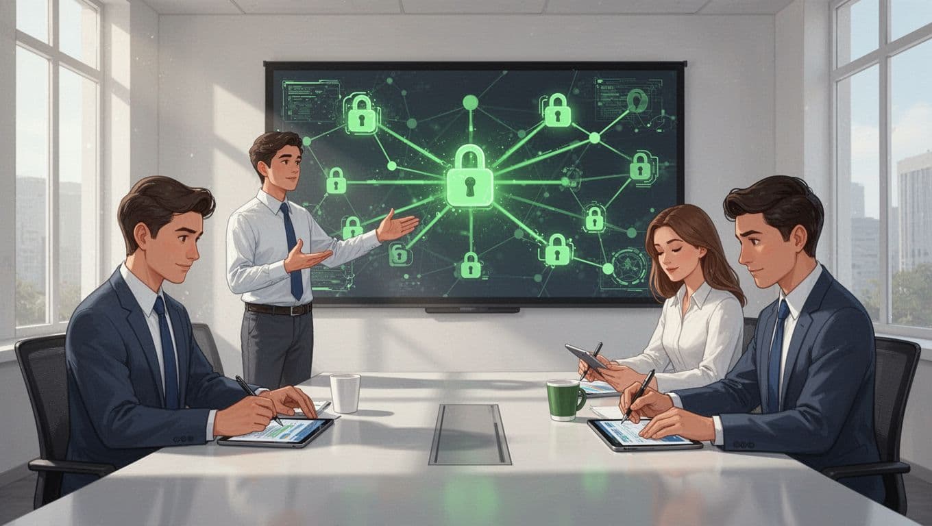 Modern illustration of three cybersecurity consultants in a bright conference room: one pointing at a large screen with abstract network nodes and locks connected by green lines, while others take notes on tablets using clean shapes and controlled colors.