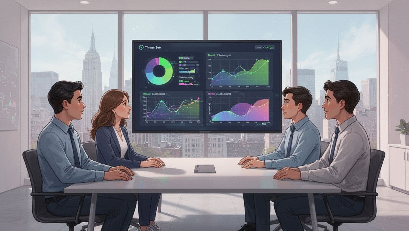 Modern illustration featuring a diverse group of four cybersecurity consultants in a conference room, collaboratively reviewing a threat dashboard on a large screen amid natural daylight and city skyline view.