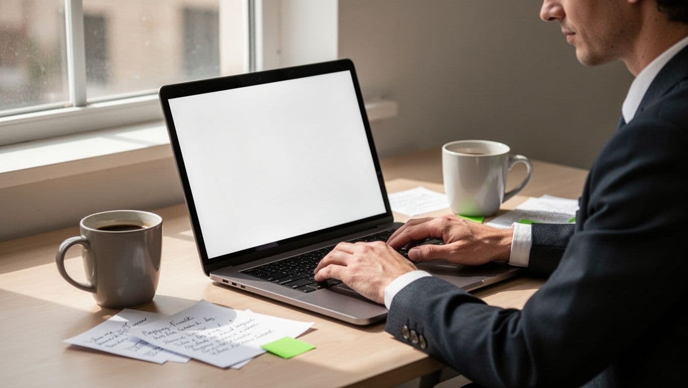 A professional works on drafting a cybersecurity RFP document on a laptop in a modern office, focused on keyboard and screen with coffee mug and notes nearby, side angle illustration with clean shapes and green accents.
