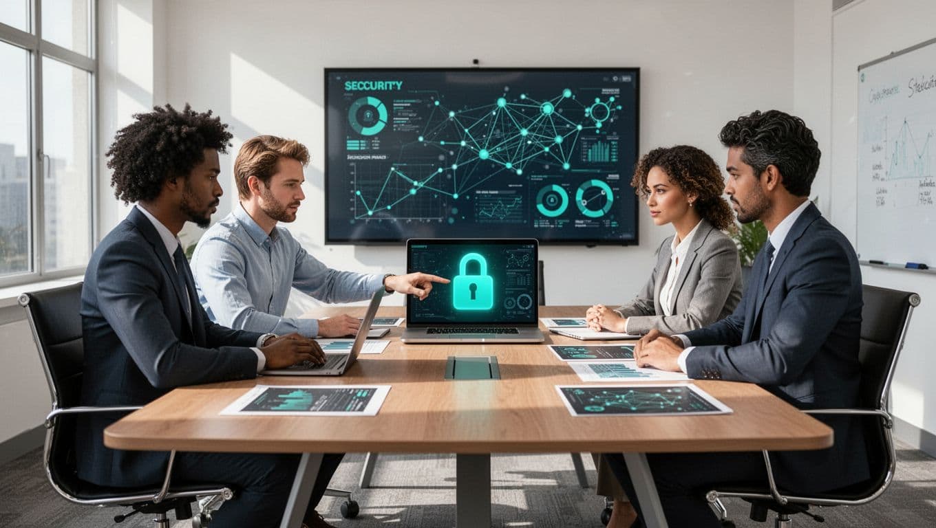 Modern illustration of a diverse team of three cybersecurity experts gathered around a table in a bright conference room with laptops and network security charts; one points to a secure lock icon on screen under natural daylight.
