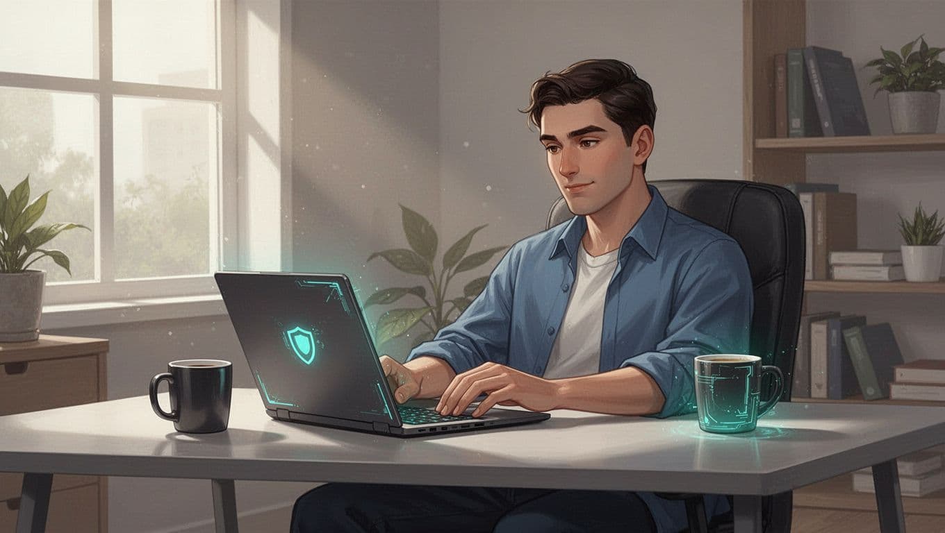 Modern illustration of a cybersecurity professional in a home office reviewing contract offers on a laptop screen, relaxed pose with coffee mug nearby and natural lighting.