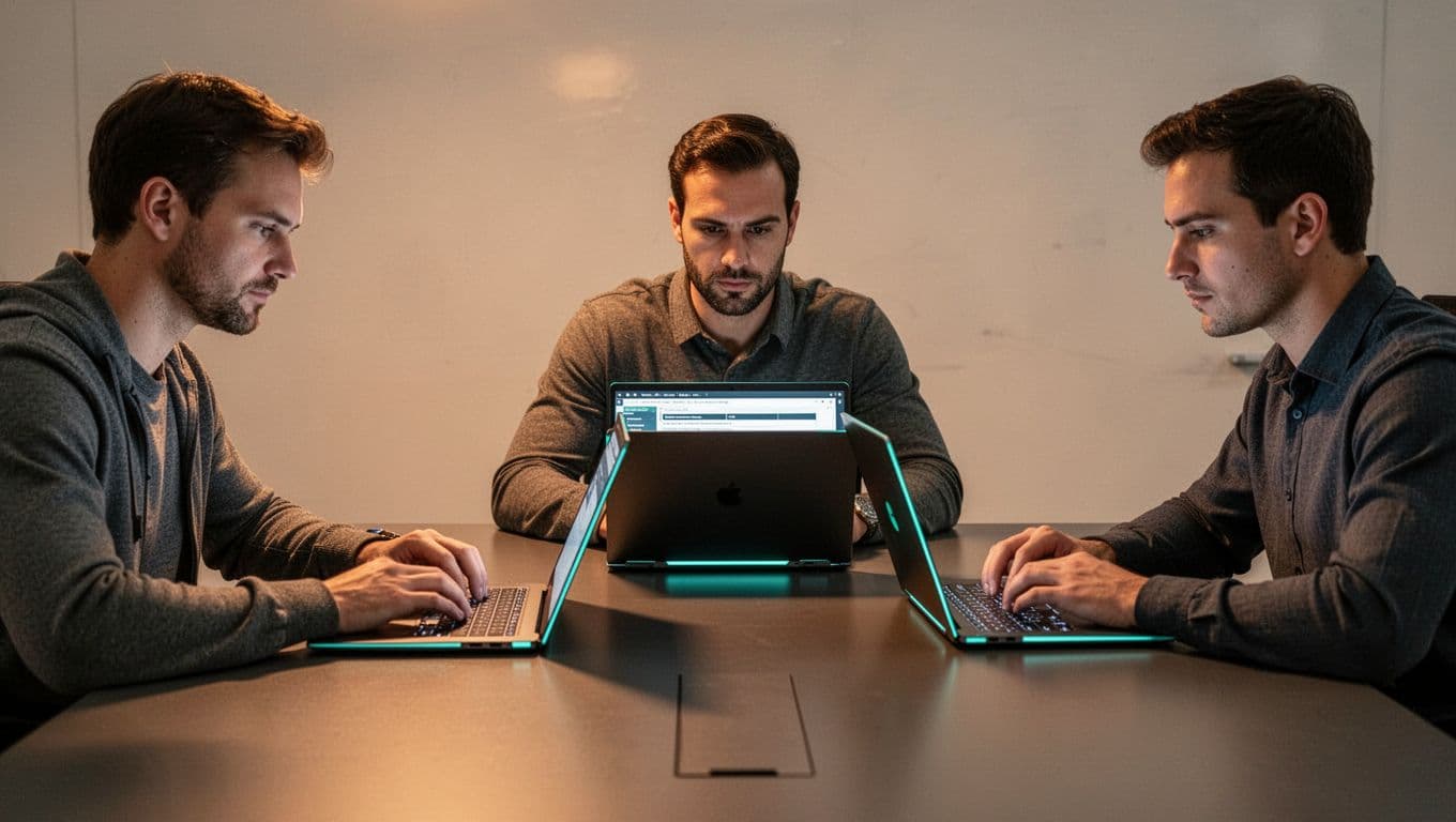 Modern illustration of three cybersecurity contractors in a war room, focused on laptops reviewing incident response plans with warm lighting and green screen accents.