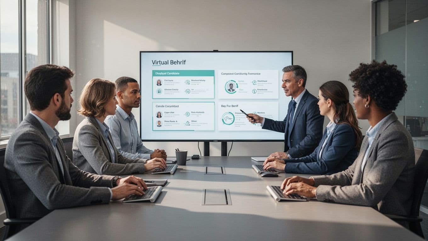 Hiring manager leads virtual debrief on central screen with two team members sharing notes in conference room.