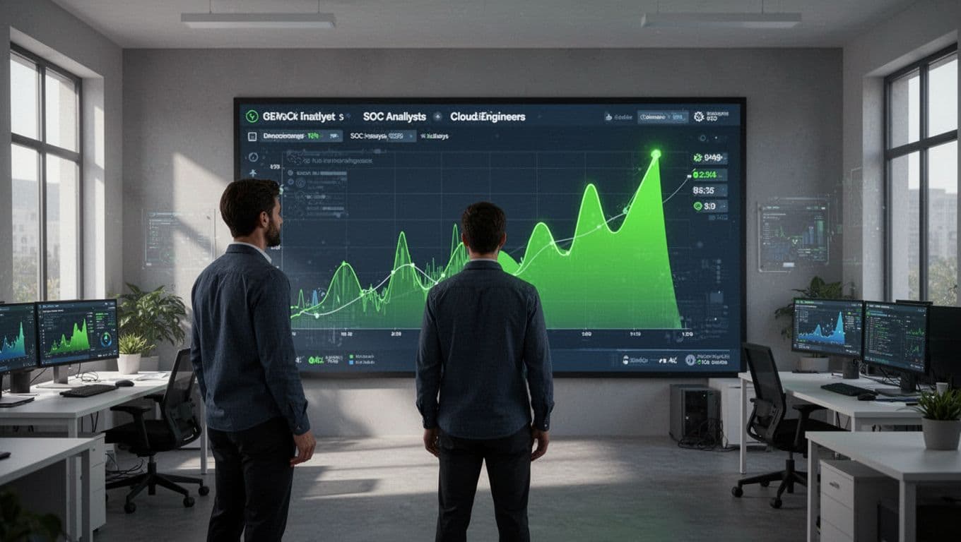 Modern illustration of a dashboard showing fluctuating demand lines for cybersecurity roles like SOC analysts and cloud engineers peaking sharply, viewed by one analyst in an office with charts on screens.