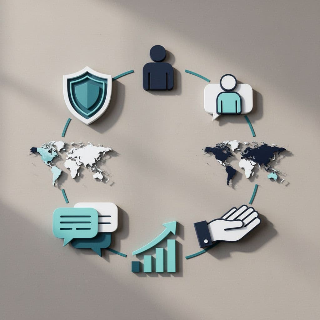 Six icons in a circle: layered shields, solo figure, world map, speech bubbles, upward graph arrow, guiding hand.
