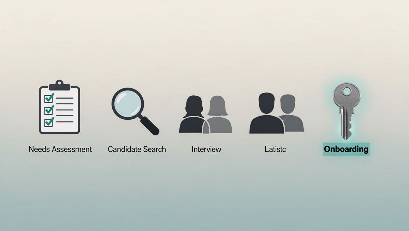 Modern illustration depicting the hiring process flowchart for a cybersecurity director, from needs assessment to onboarding, with icons for headhunter sourcing, vetting, and board approval.