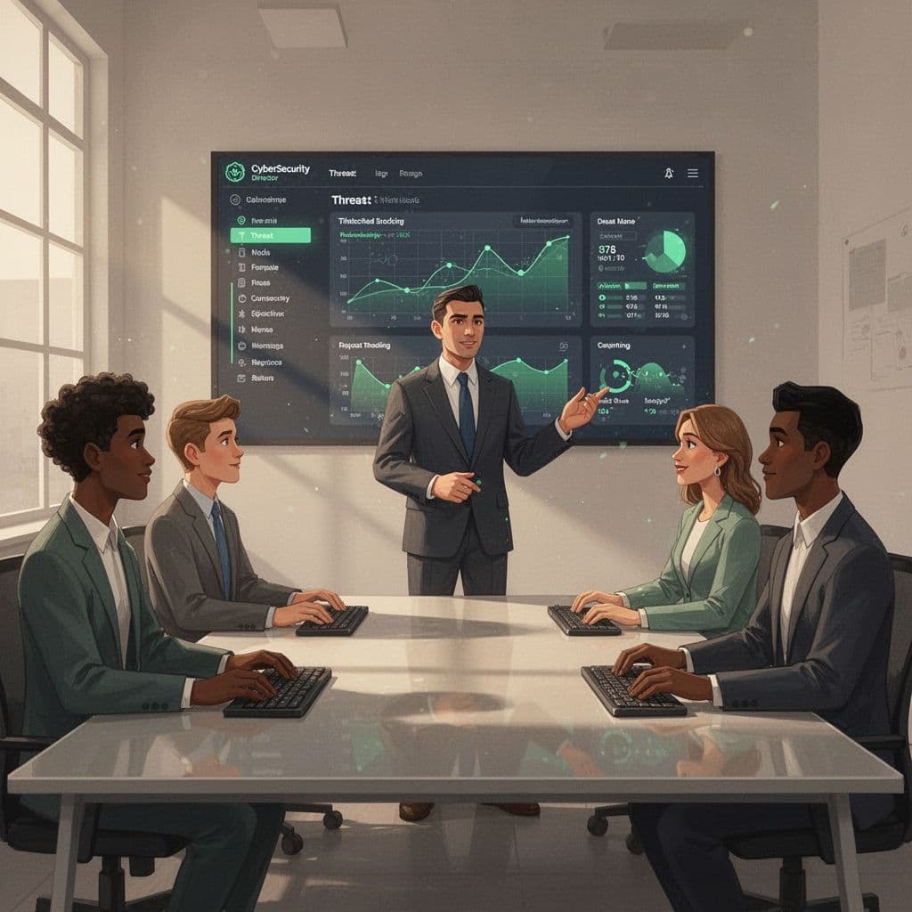 Modern illustration of a confident cybersecurity director leading a diverse team of four in a modern office, reviewing a threat dashboard on a large screen with collaborative focus, warm lighting, and green accents.