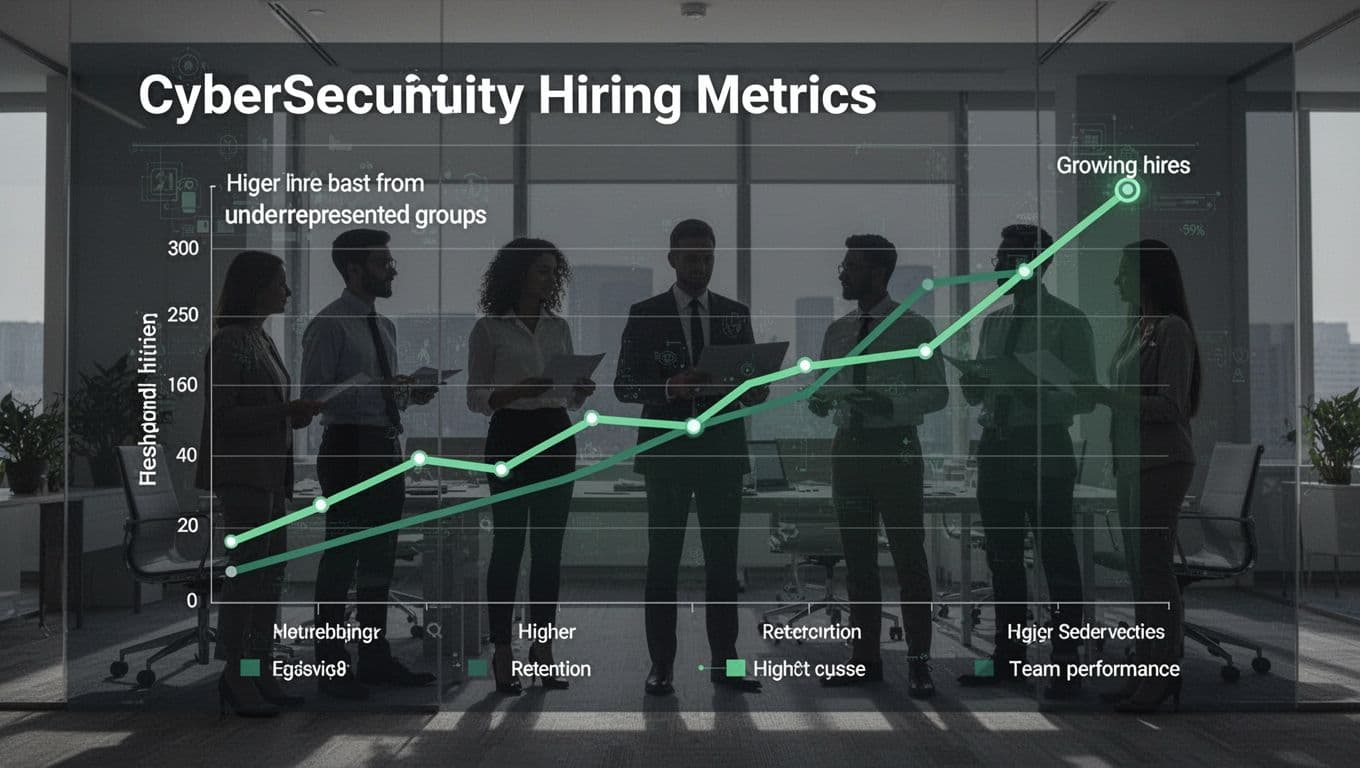 Modern illustration of a dashboard with rising graphs for diverse cybersecurity hires from underrepresented groups, retention rates, and team performance scores against a clean office background with subtle silhouettes.