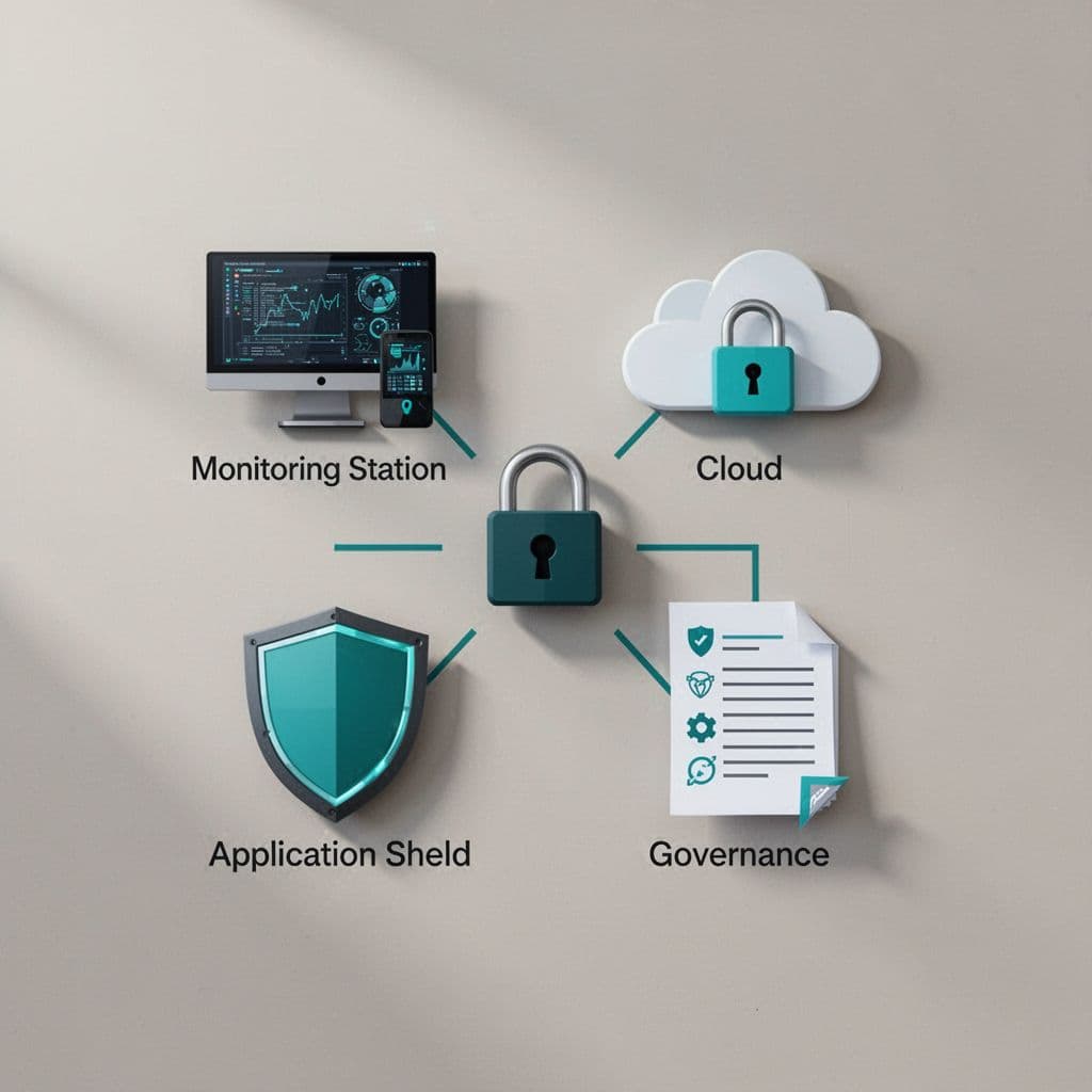 Modern illustration of cybersecurity role icons arranged in a circle: SOC monitor, cloud lock, app shield, GRC documents, incident response timeline, with clean shapes, controlled colors, strong composition, and green accents on neutral background.