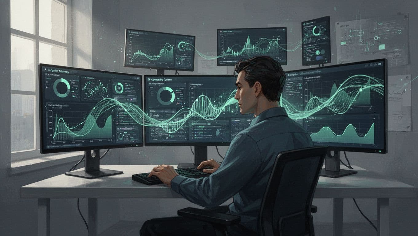 Cybersecurity engineer at desk examines telemetry data from Windows, Linux, and macOS on multiple screens with glowing flows.