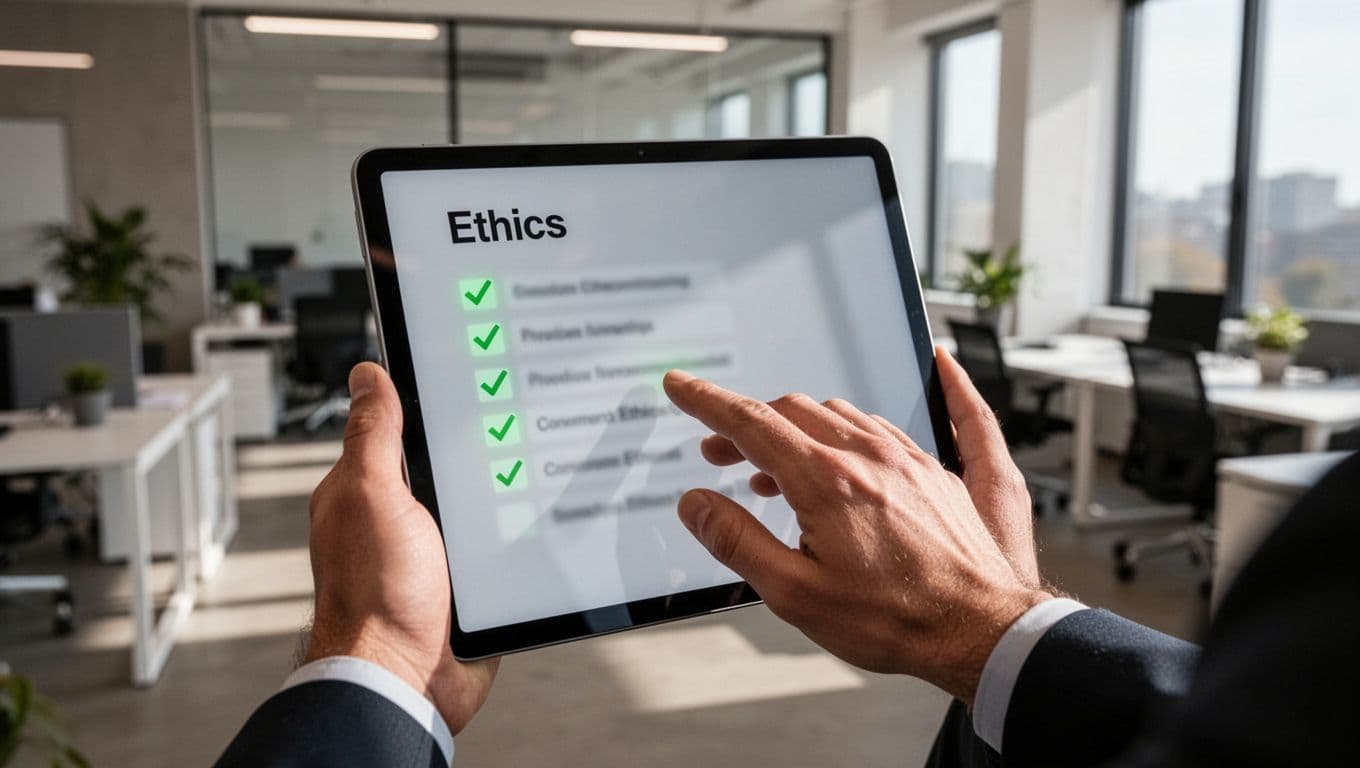 Modern illustration of a cybersecurity professional in a modern office holding a digital tablet displaying a blurred checklist with items like integrity, confidentiality, and competence. Features clean shapes, a controlled color palette with green accents on checkmarks, strong composition, and focus on relaxed hands resting naturally on the tablet.