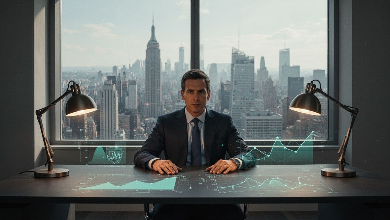 Modern illustration of a cybersecurity executive at a desk with city skyline view, evaluating candidate profiles and charts highlighting competencies like risk management and compliance in green accents.