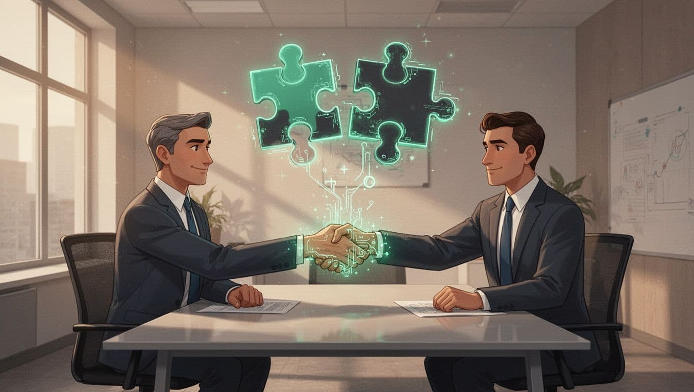 Modern illustration of a company leader and cybersecurity executive shaking hands across a table with abstract puzzle pieces fitting together, symbolizing perfect alignment and successful partnership in an office with warm lighting.