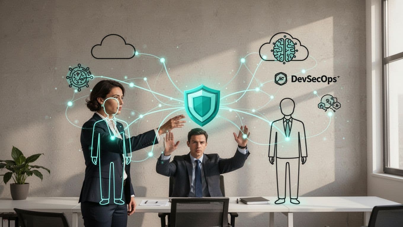 Modern illustration of a focused recruiter connecting a company logo to candidate profiles via secure network lines, featuring cloud, AI, and DevSecOps icons in a simple office setting.
