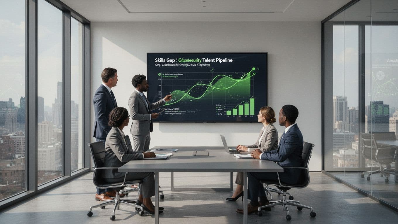 Diverse executive team in modern conference room analyzes cybersecurity talent pipeline on digital board, highlighting skills gap with green charts.
