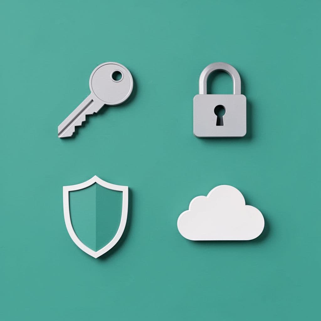 Modern illustration of grouped question categories for cybersecurity exit interviews as simple icons arranged in a grid: key for access, lock for data, shield for incidents, cloud for vendors, with neutral background and green highlights.