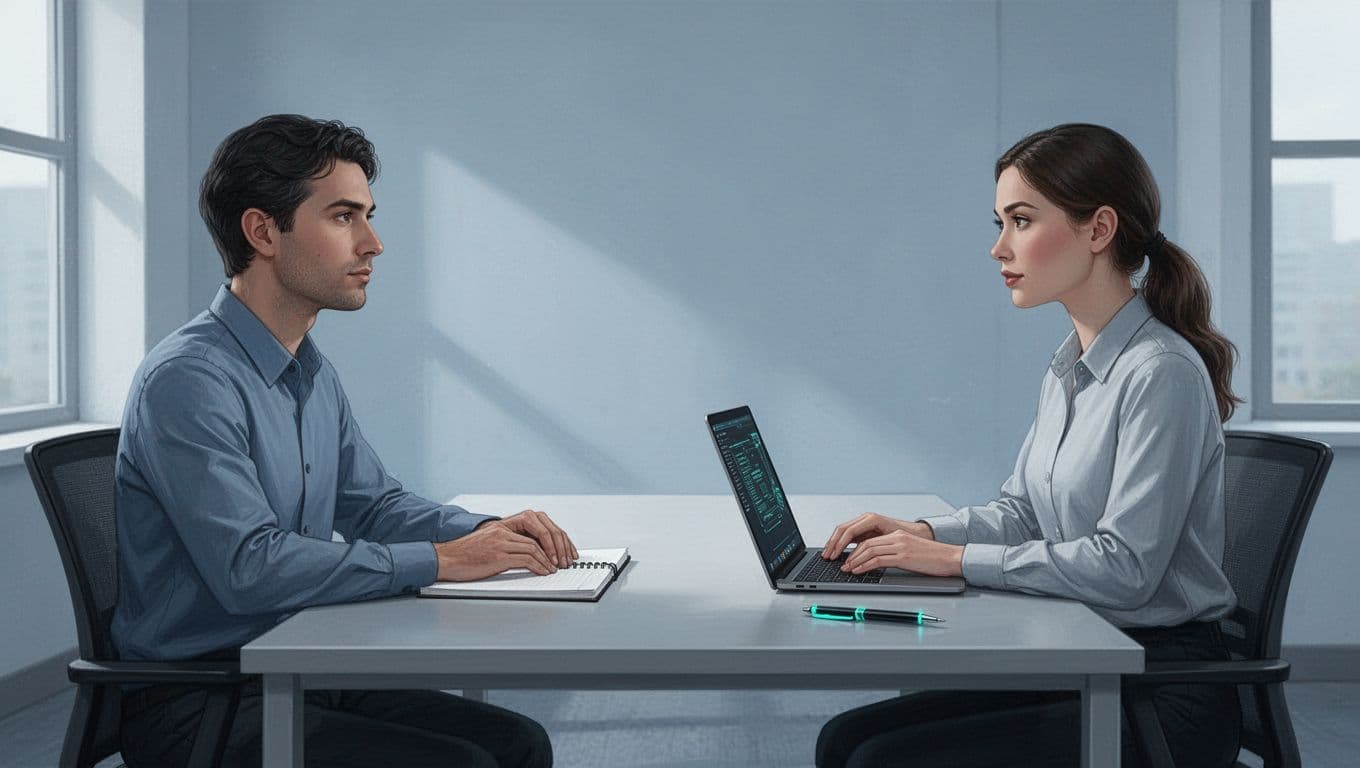 Modern illustration of a cybersecurity professional conducting an exit interview with a departing employee seated across a simple desk in a clean office, with relaxed postures, notebook and laptop props, centered on their conversation in cool blue tones accented by green.