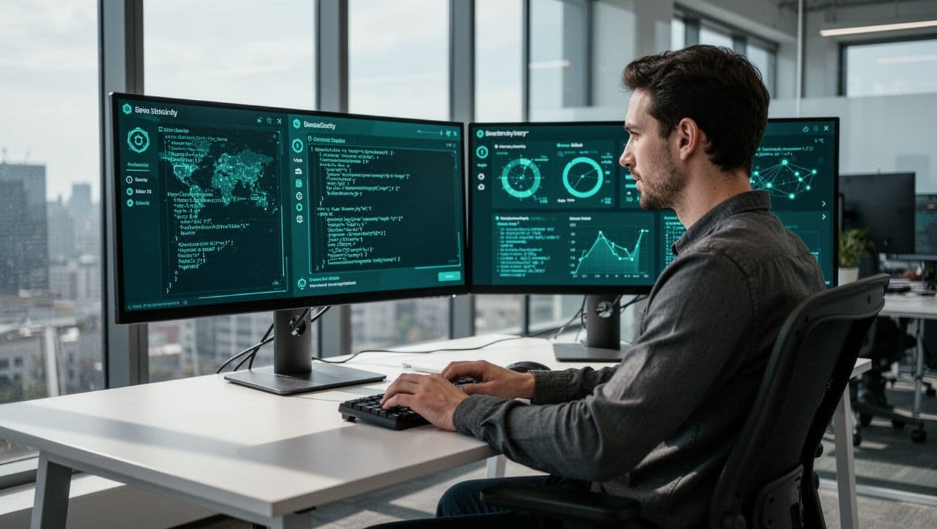 Modern illustration of a focused cybersecurity professional working at a desk with dual monitors displaying network security dashboards and code snippets in a contemporary open office.