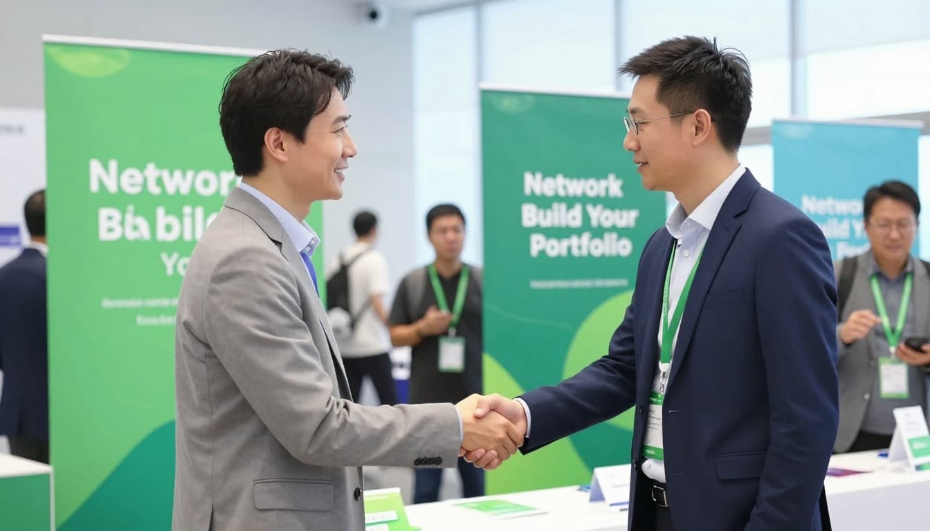 Illustration of a cybersecurity expert shaking hands with a colleague at a conference booth in a modern event hall with subtle banners and green highlights on name badges. Side view captures the professional connection moment with natural poses and bright even lighting.