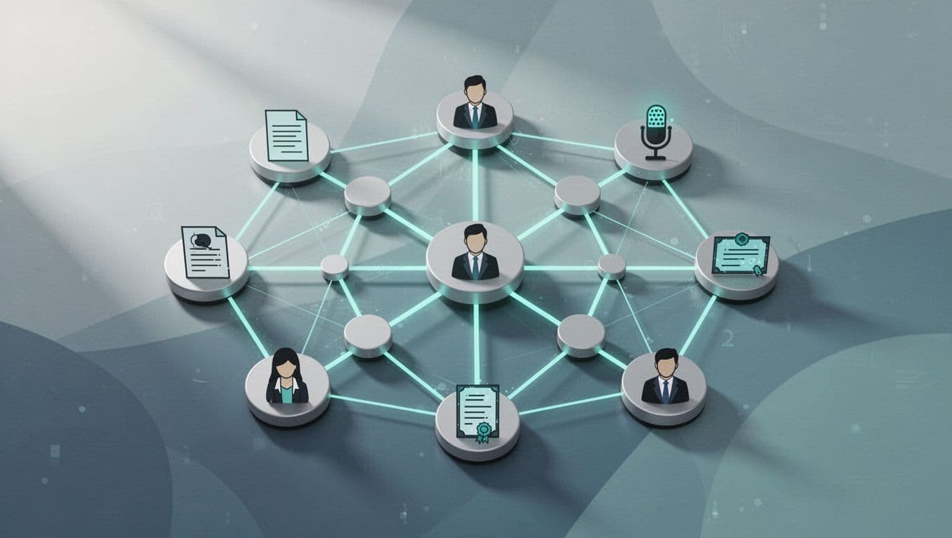 Modern abstract illustration of a network of connected cybersecurity professionals featuring icons for publications, speeches, and certifications, with clean shapes, green connecting lines, and subtle lighting on a strong central composition.