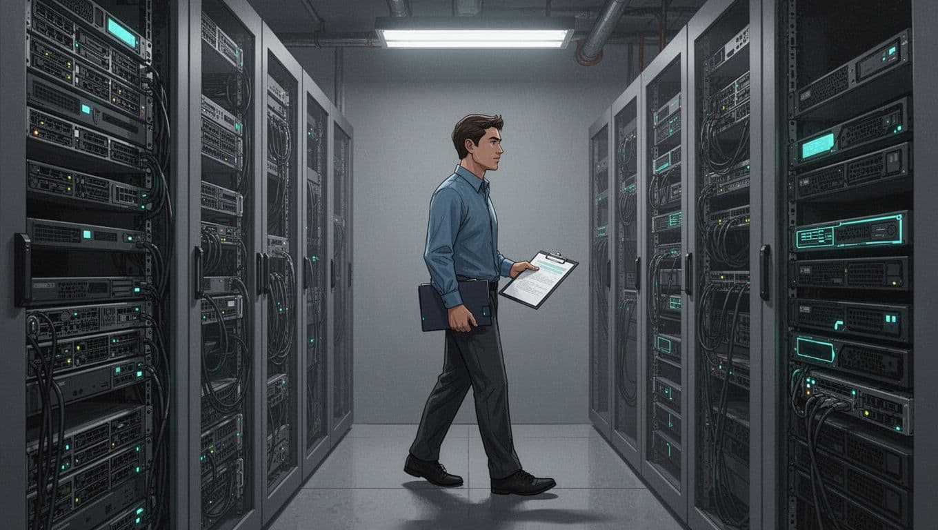 Modern illustration of a cybersecurity expert conducting an onsite audit in a small office server room, walking with checklist in hand under industrial lighting.