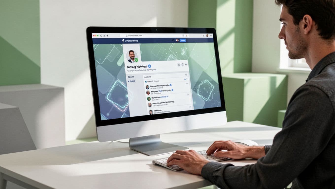 Modern illustration of a cybersecurity expert optimizing their LinkedIn profile on a desktop computer in a bright workspace, with a screen showing profile preview at an angle and relaxed hands near the mouse.