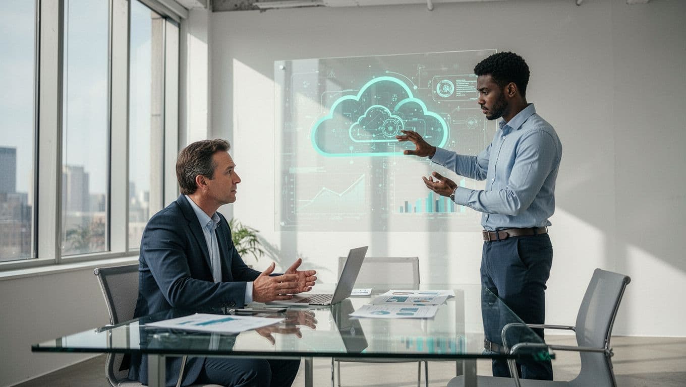 Modern illustration of four cybersecurity professionals—a CISO, cloud security engineer, detection engineer, and GRC specialist—collaborating in a bright office with green accents on tech elements.