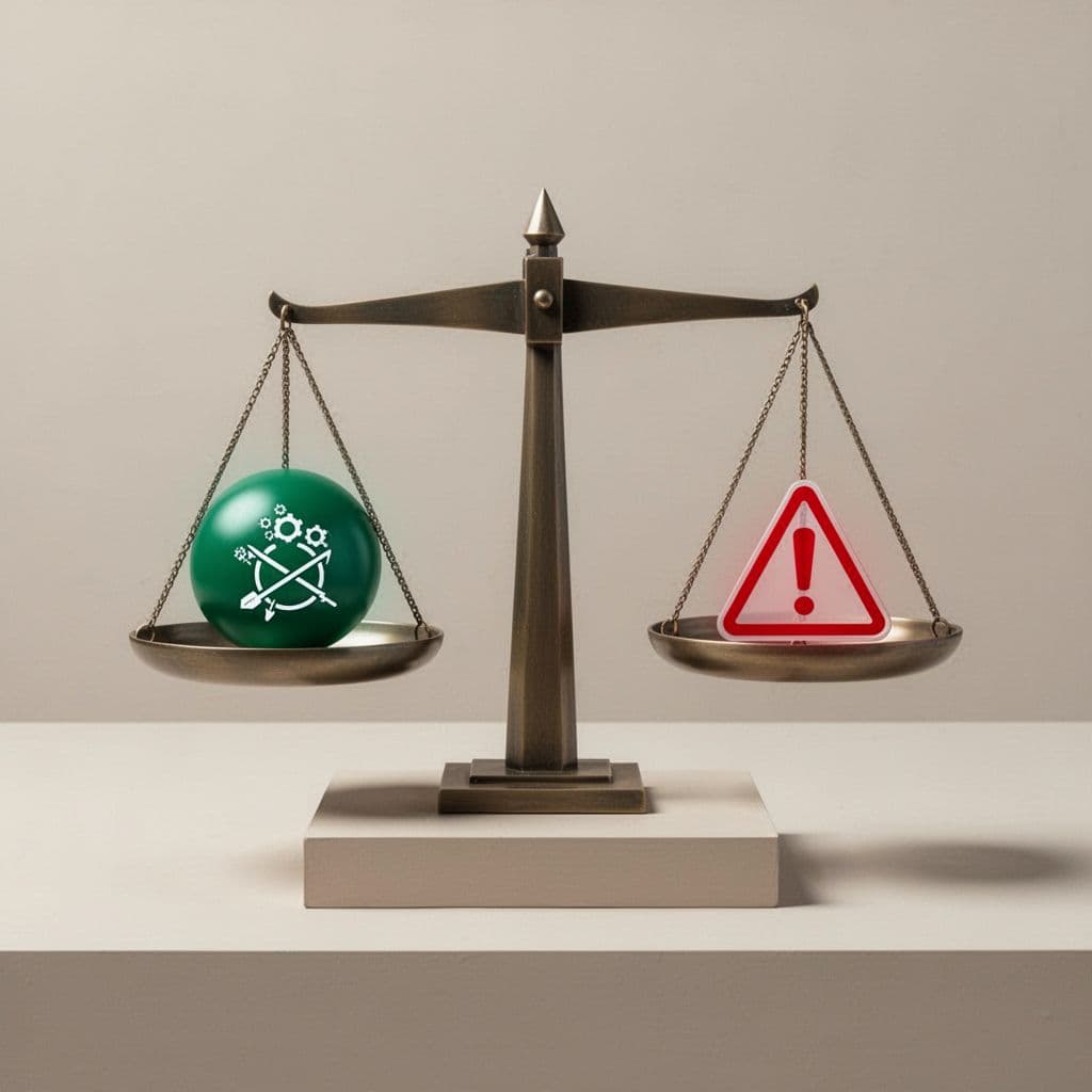 Modern illustration of a balanced scale comparing two cybersecurity firms, one side featuring strong icons for experience and compliance, the other with red flags, using clean shapes, green accents on positive icons, neutral tones, and a strong centered composition.