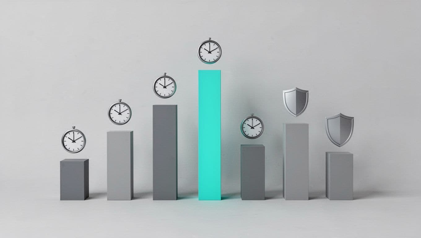 Modern illustration of a bar chart comparing response times for cybersecurity firms, featuring clocks and shield icons, clean shapes, and controlled colors with green for the fastest.