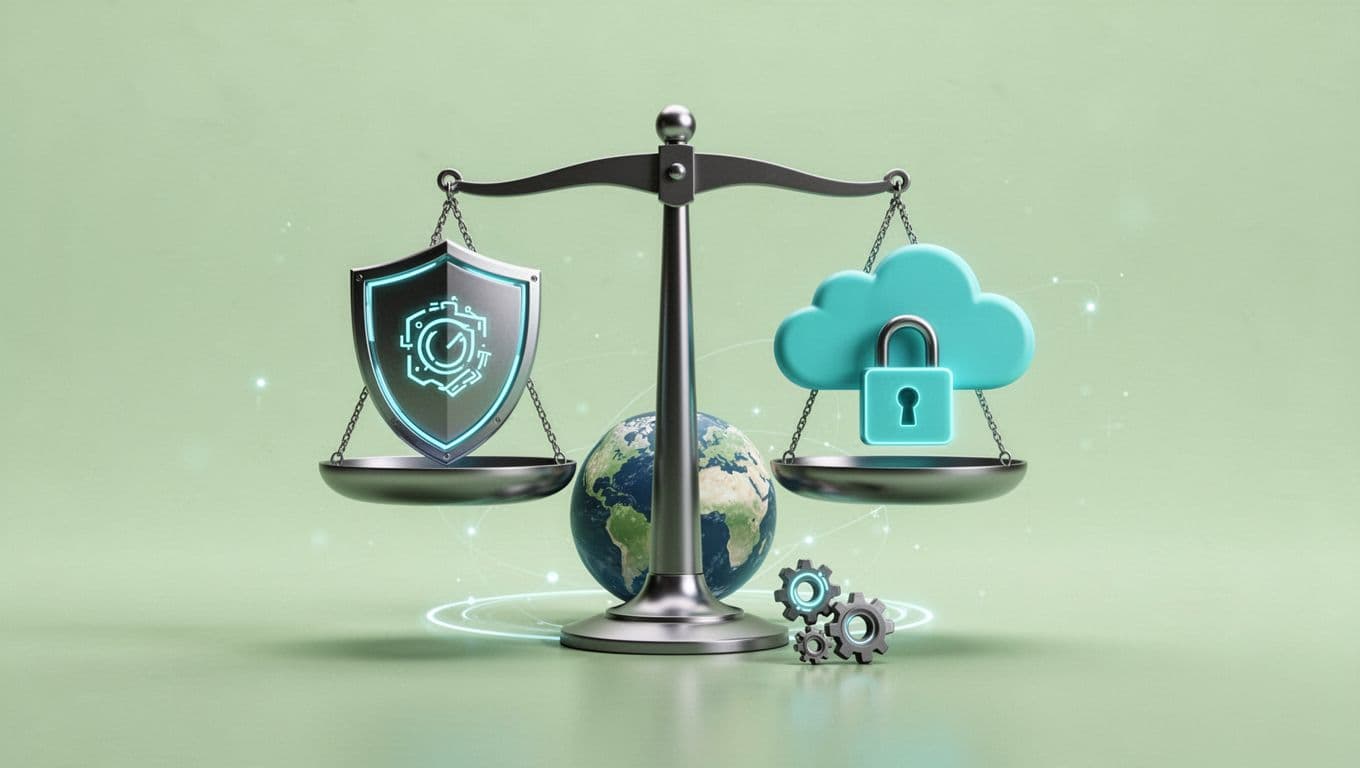 Abstract modern illustration of balanced scales comparing cybersecurity consulting firm strengths, featuring shield for incident response, cloud and lock for security services, globe for global reach, and gears for OT, in clean green tones.