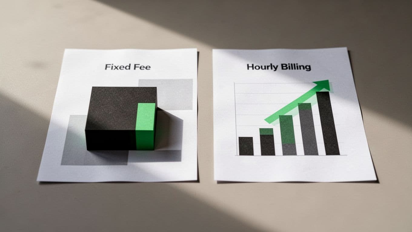 Modern illustration showing side-by-side comparison of fixed-fee and hourly billing charts for cybersecurity services, simple graphs on a table, neutral background, clean shapes, strong composition, soft lighting, green accents.