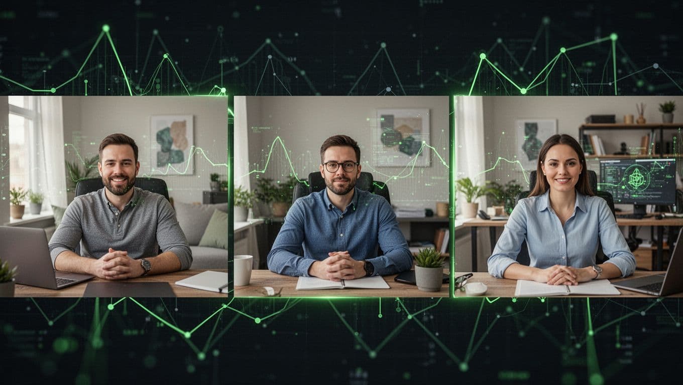 Modern split-screen illustration of a cybersecurity professional in a video call with a headhunter and employer, set in home offices with security network graphs in the background.