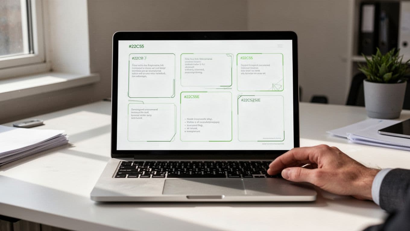 Modern illustration of a simple cybersecurity hiring brief template displayed on a laptop screen in a clean professional office desk setting, with outlined sections for role title, responsibilities, skills, must-haves, and nice-to-haves highlighted in green, and one hand resting nearby.