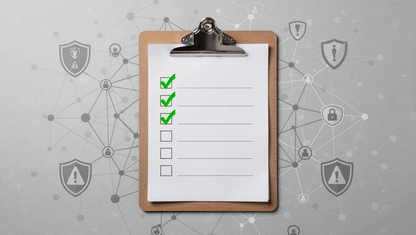 A top-down flat lay view of a clipboard featuring a checklist with green checkmarks next to items like references, skills, and ownership, subtly surrounded by cybersecurity elements such as network graphs and alerts. Clean professional modern illustration with centered composition and no readable text.