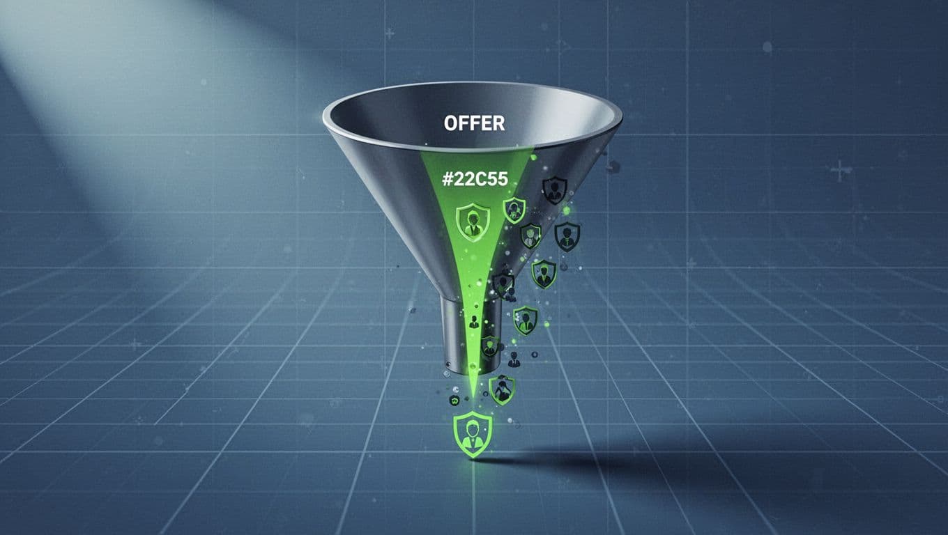 Illustration shows a funnel narrowing with shield candidates dropping off at the offer stage against a digital grid background.