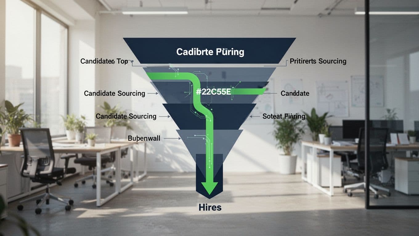 Modern illustration of a multi-stage hiring funnel narrowing from candidate sourcing at the top to hires at the bottom, accented in green on a professional office background.