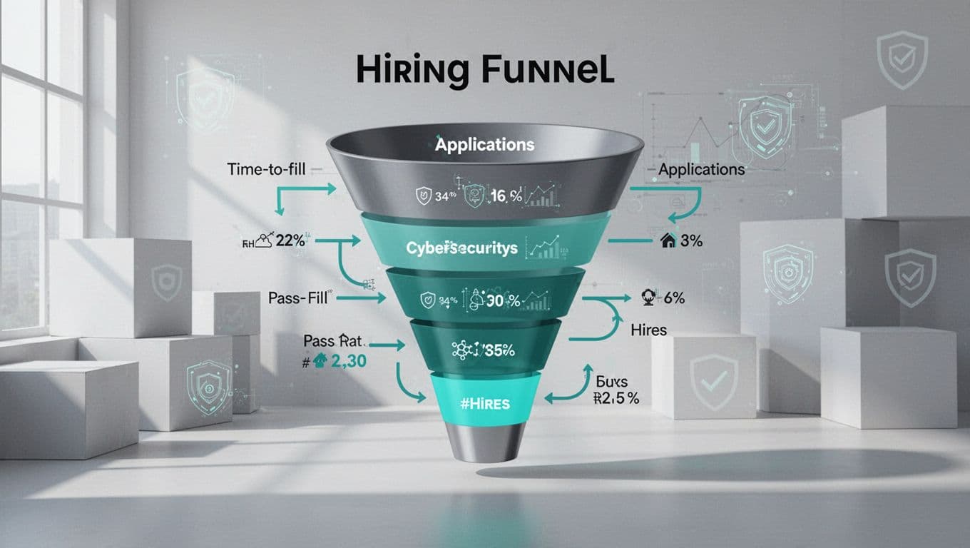 Modern illustration of a hiring funnel for cybersecurity roles, showing stages from applications to hires with metrics like time to fill and pass rates, clean shapes in office setting with security icons.