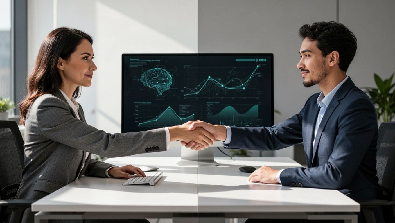Modern illustration of a hiring manager in an office shaking hands with a cybersecurity candidate across a desk, with resume charts displaying market demand trends and shortage statistics.