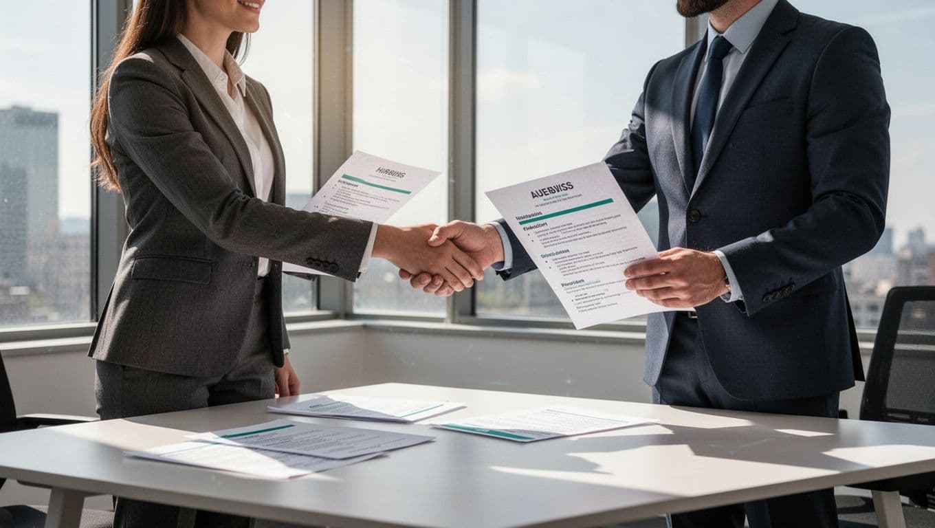 Modern illustration of a hiring manager reviewing resumes at a desk and shaking hands with a cybersecurity professional in an office, featuring calendar and clock icons to imply a fast hiring process.