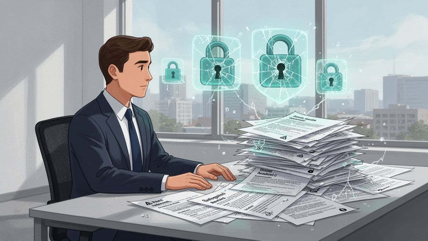 Modern illustration of a cybersecurity hiring manager buried under mismatched resumes with fake profiles and warning icons, in an office setting.