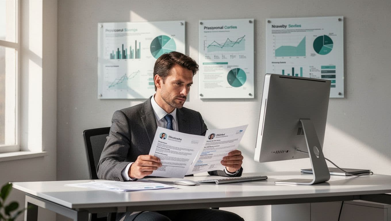 Modern illustration of a busy hiring manager at a desk reviewing resumes and profiles of cybersecurity professionals on a computer screen in an office, with wall charts displaying talent shortage statistics.