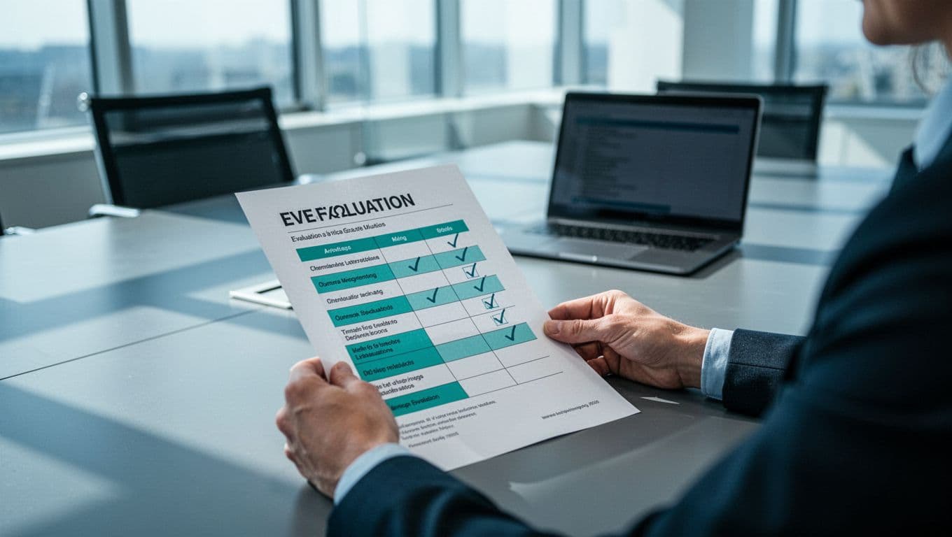 Hiring manager at conference table reviews printed scorecard with checkmarks and notes, laptop with interview notes nearby.